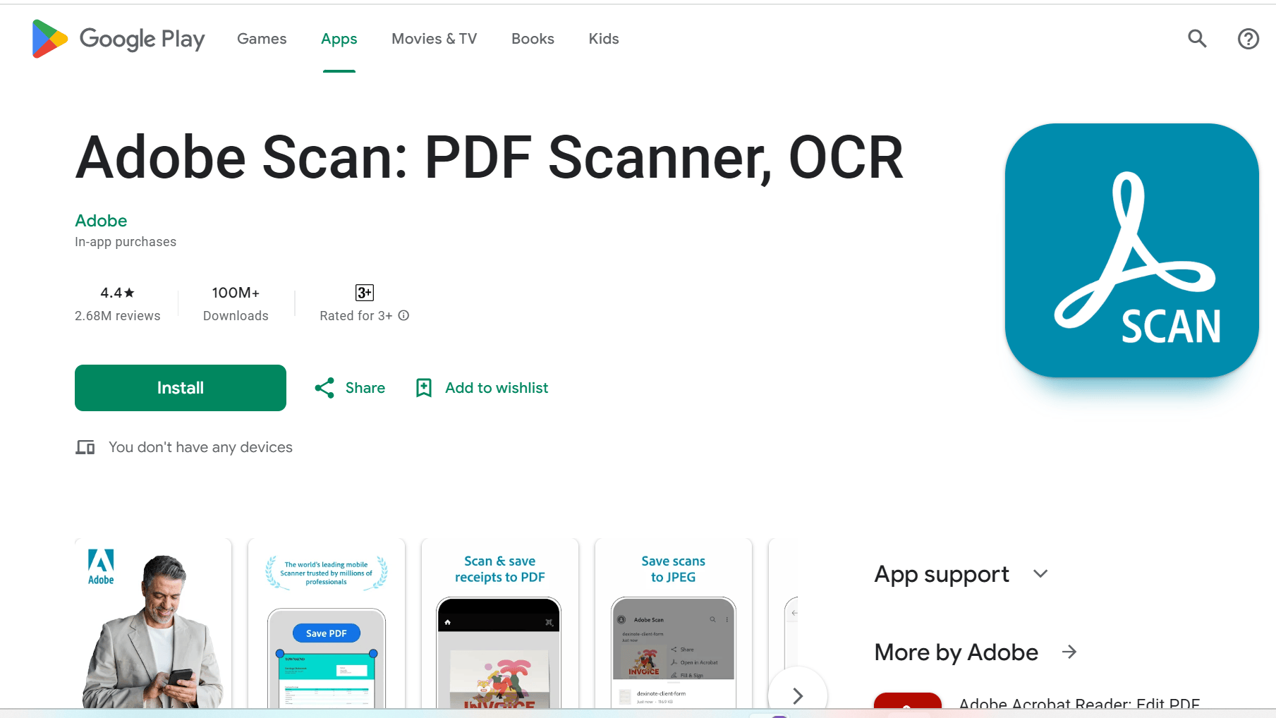 Google PlayのAdobe Scanの配信ページ