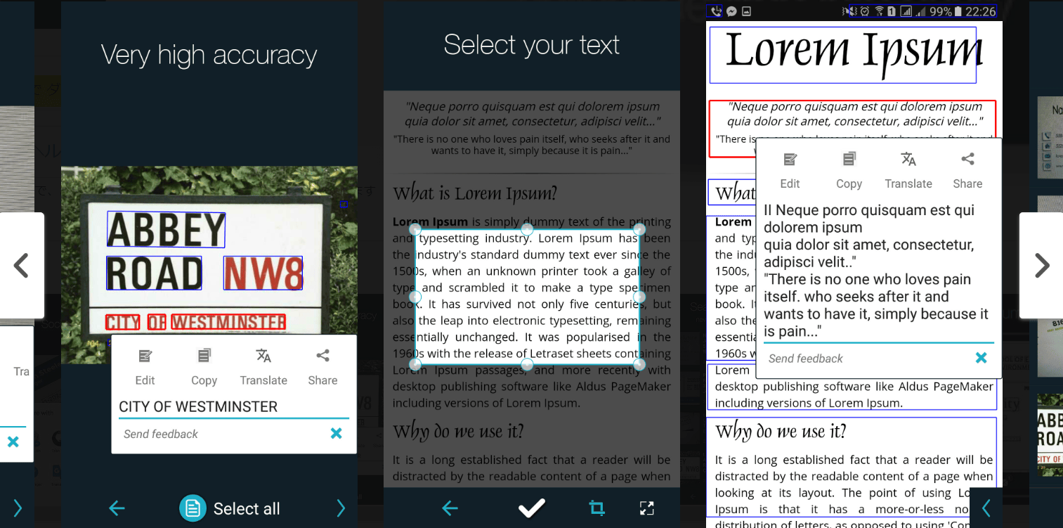 Smart Lensの紹介画面。認識した文字をコピーや翻訳に渡せる