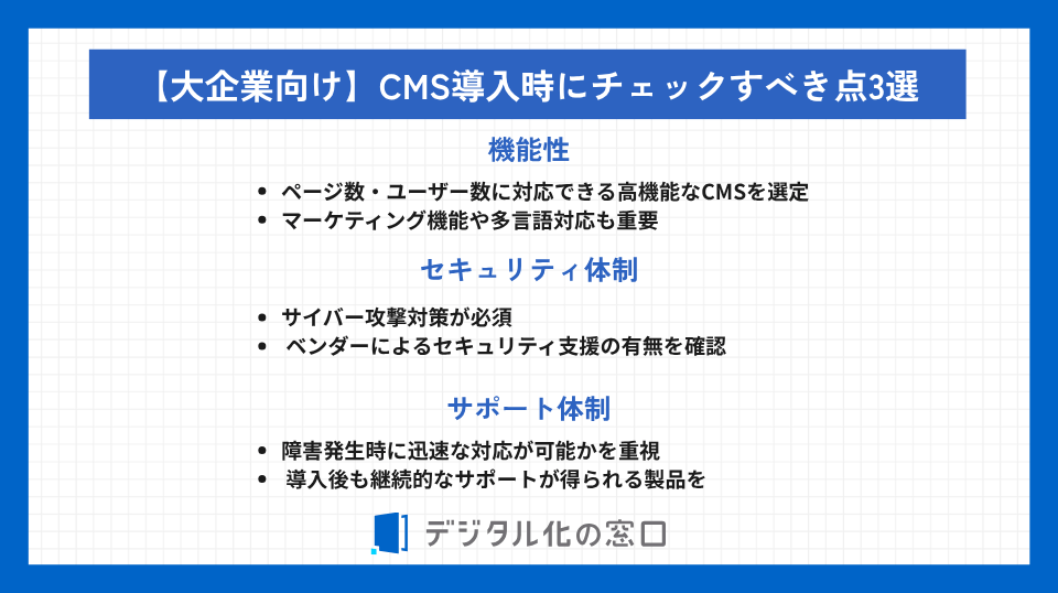 大企業向けに、CMS導入時にチェックすべき点①機能性②セキュリティ体制③サポート体制を要約した画像。