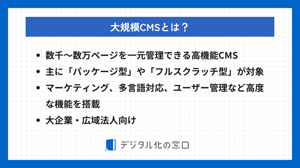 大規模CMSとは？を簡潔に説明する画像。大規模CMSとは、①数千〜数万ページを一元管理できる高機能CMS ②主に「パッケージ型」や「フルスクラッチ型」が対象 ③マーケティング、多言語対応、ユーザー管理など高度な機能を搭載 ④大企業・広域法人向け