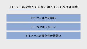 ETLツールを導入する前に知っておくべき注意点は、ETLツールの利用料、データセキュリティ、ETLツールの操作性の複雑さ3のつです。