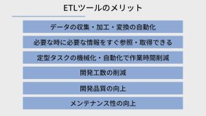 ETLツールのメリットは6つあります。データの収集・加工・変換の自動化、必要な時に必要な情報をすぐ参照・取得できる、定型タスクの機械化・自動化で作業時間削減、開発工数の削減、開発品質の向上、メンテナンス性の向上です。