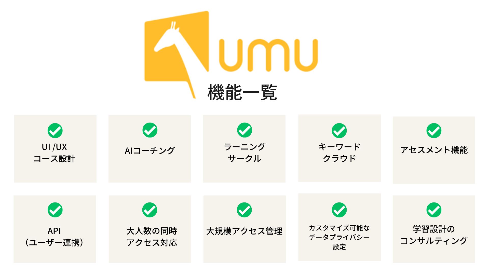 eラーニングシステム　大企業向け　UMU　機能一覧表